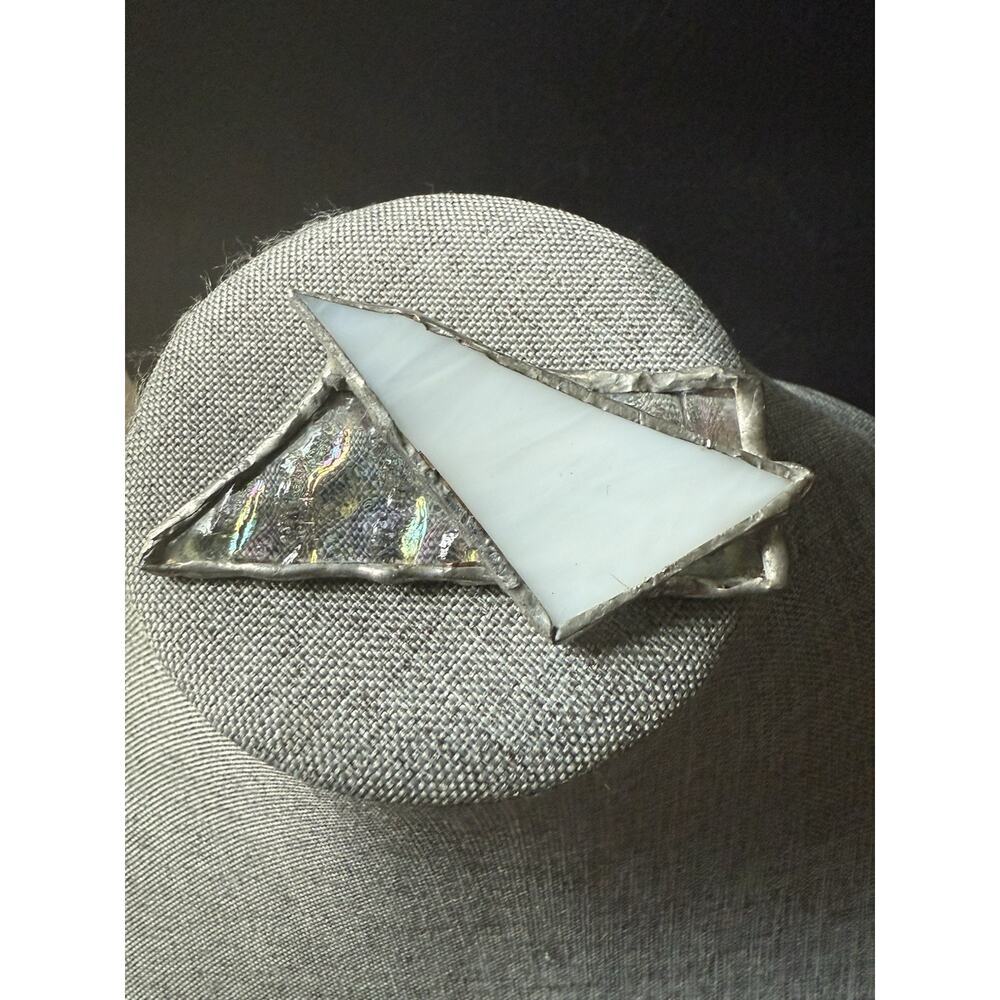 Handcrafted Stained Glass White Brooch Pin Abstract Iridescent Mod Art To Wear